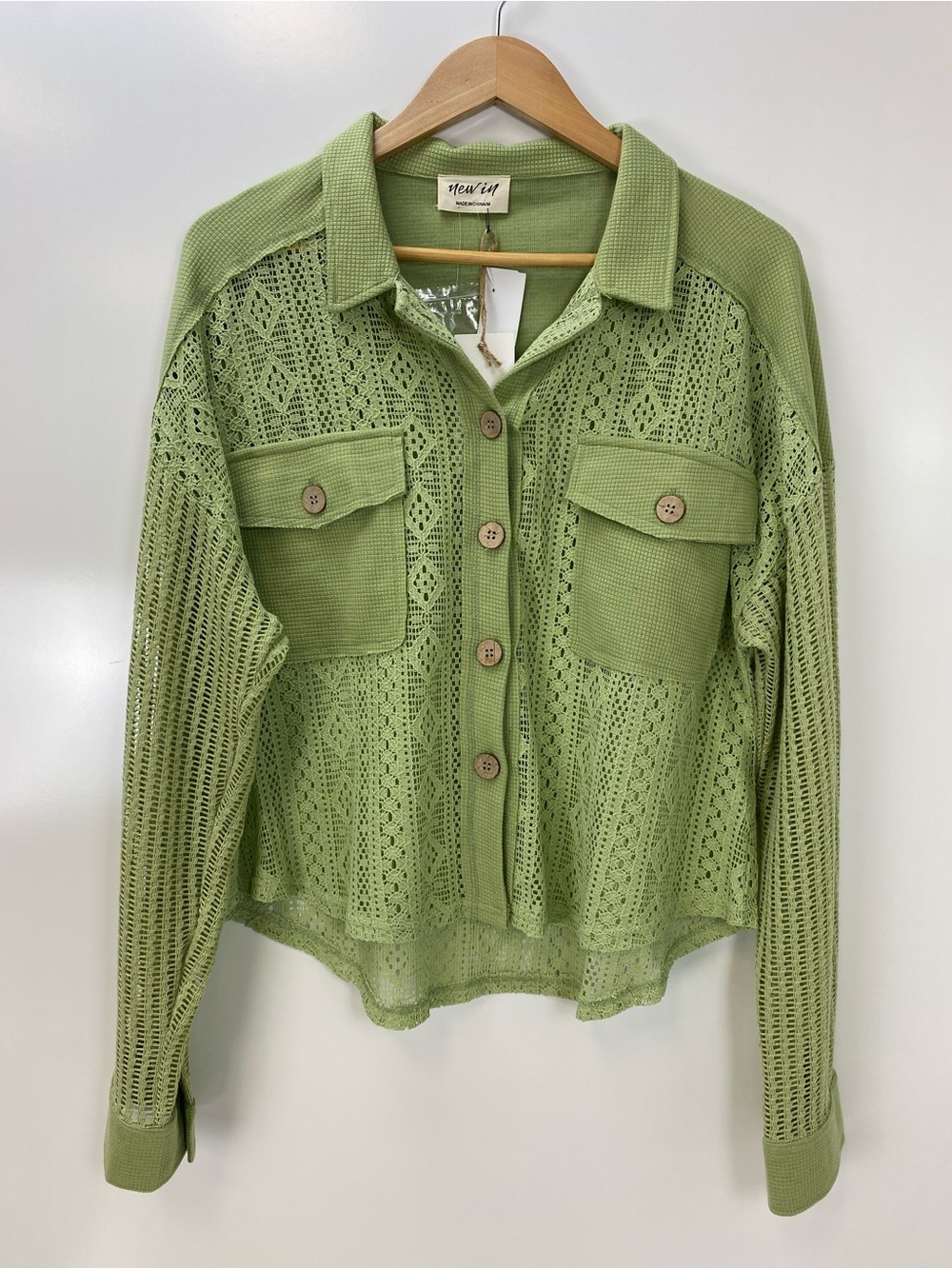 New In Open-Knit Button-Front Light Green Crochet Blouse